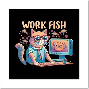 cat work for fish retro Posters and Art